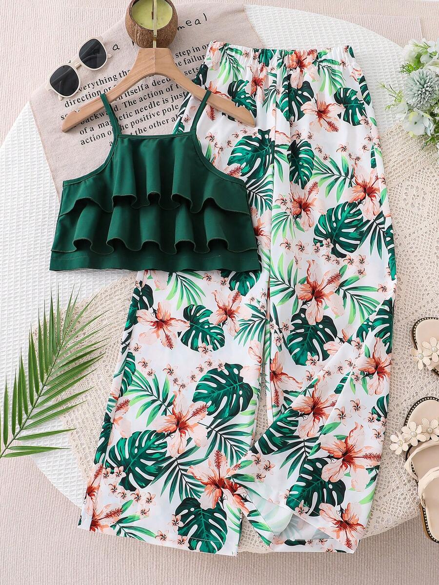 Tween girls blue 2-piece vacation outfit set featuring a tiered ruffle spaghetti strap camisole and loose high-waist pants.