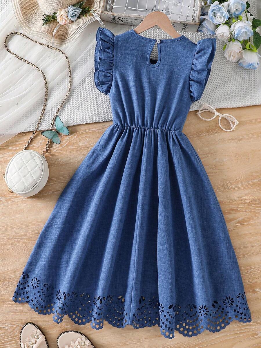 Tween girls dusty blue casual A-line dress with round neck, ruffle accents, high waist, and flared hem.