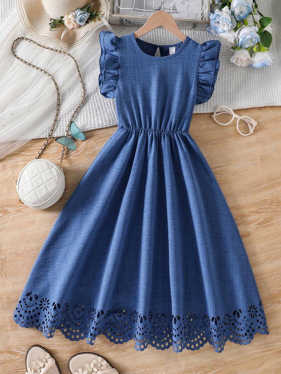 Tween girls dusty blue casual A-line dress with round neck, ruffle accents, high waist, and flared hem.