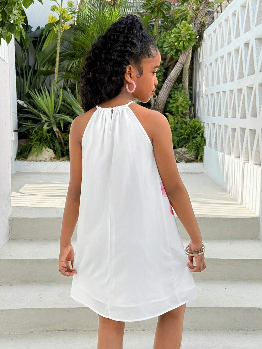 Tween girls floral halter A-line dress with contrast lace, applique and fringe details, sleeveless short length in polyester