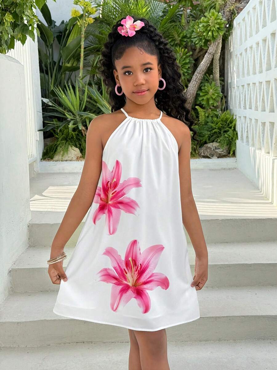 Tween girls floral halter A-line dress with contrast lace, applique and fringe details, sleeveless short length in polyester
