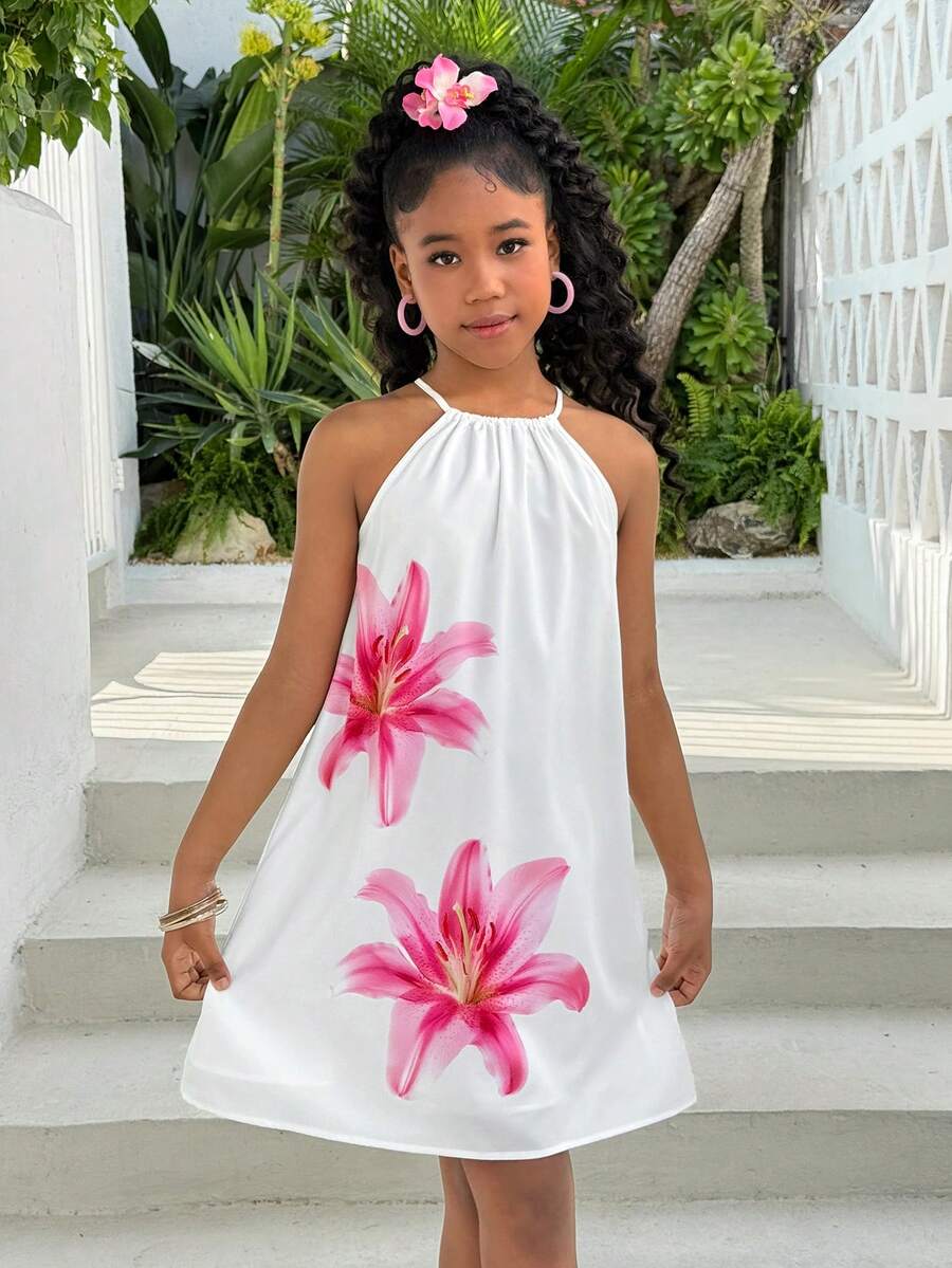 Tween girls floral halter A-line dress with contrast lace, applique and fringe details, sleeveless short length in polyester