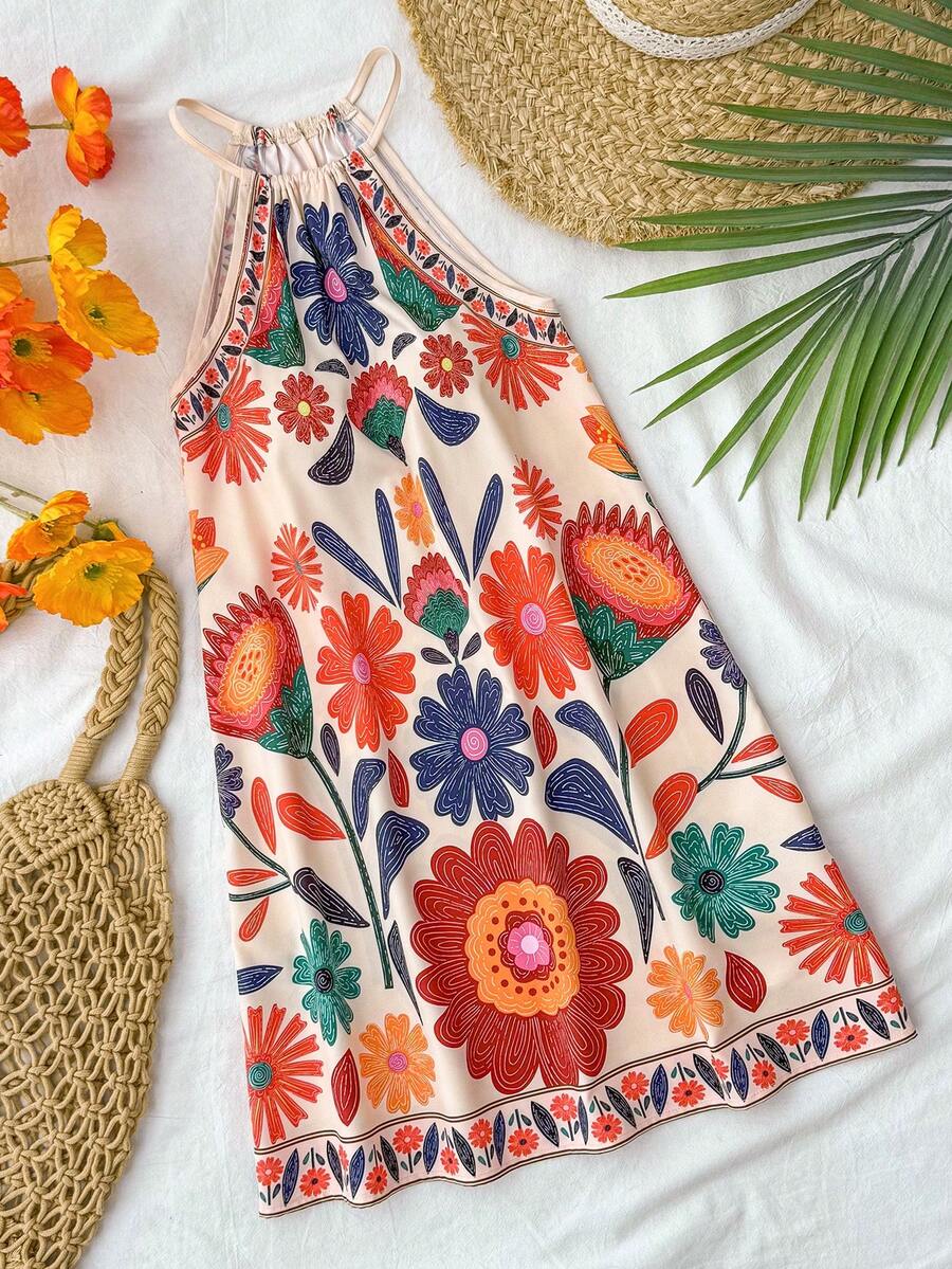 Tween girls floral halter A-line dress with contrast lace, applique and fringe details, sleeveless short length in polyester