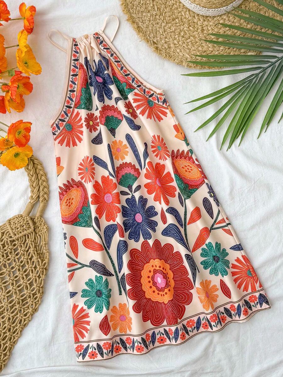 Tween girls floral halter A-line dress with contrast lace, applique and fringe details, sleeveless short length in polyester