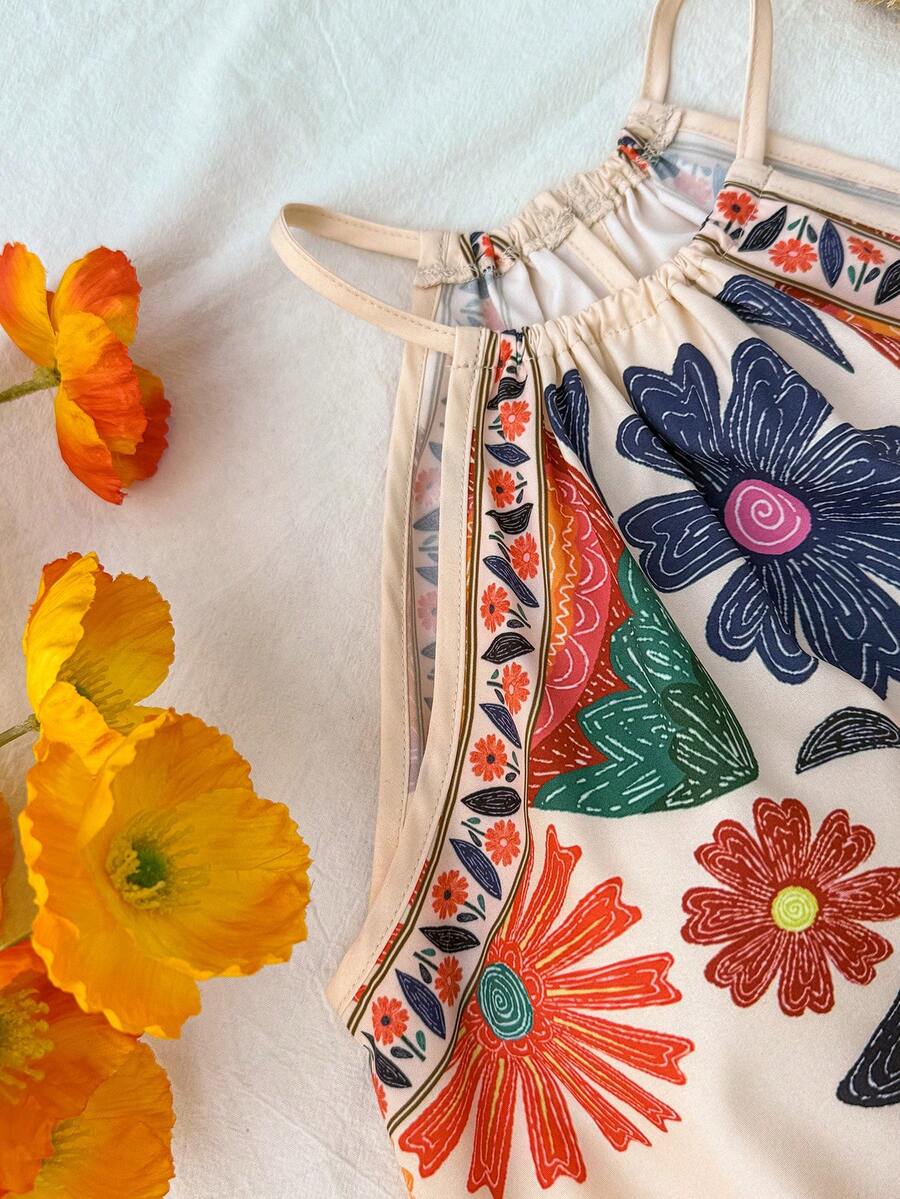 Tween girls floral halter A-line dress with contrast lace, applique and fringe details, sleeveless short length in polyester