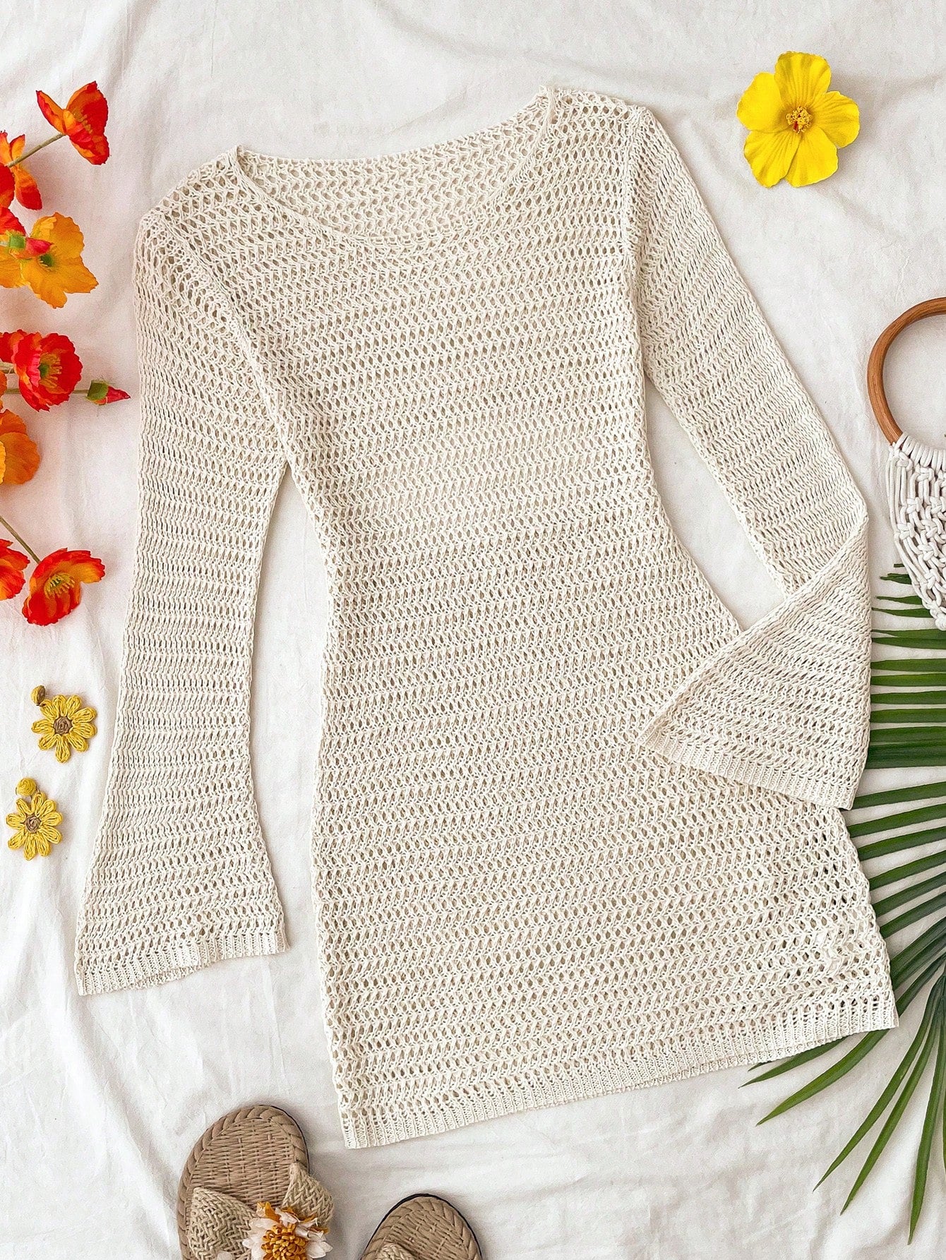 Tween girls semi-sheer long sleeve beach cover up dress with boat neckline and plain design for vacation swimwear layering.