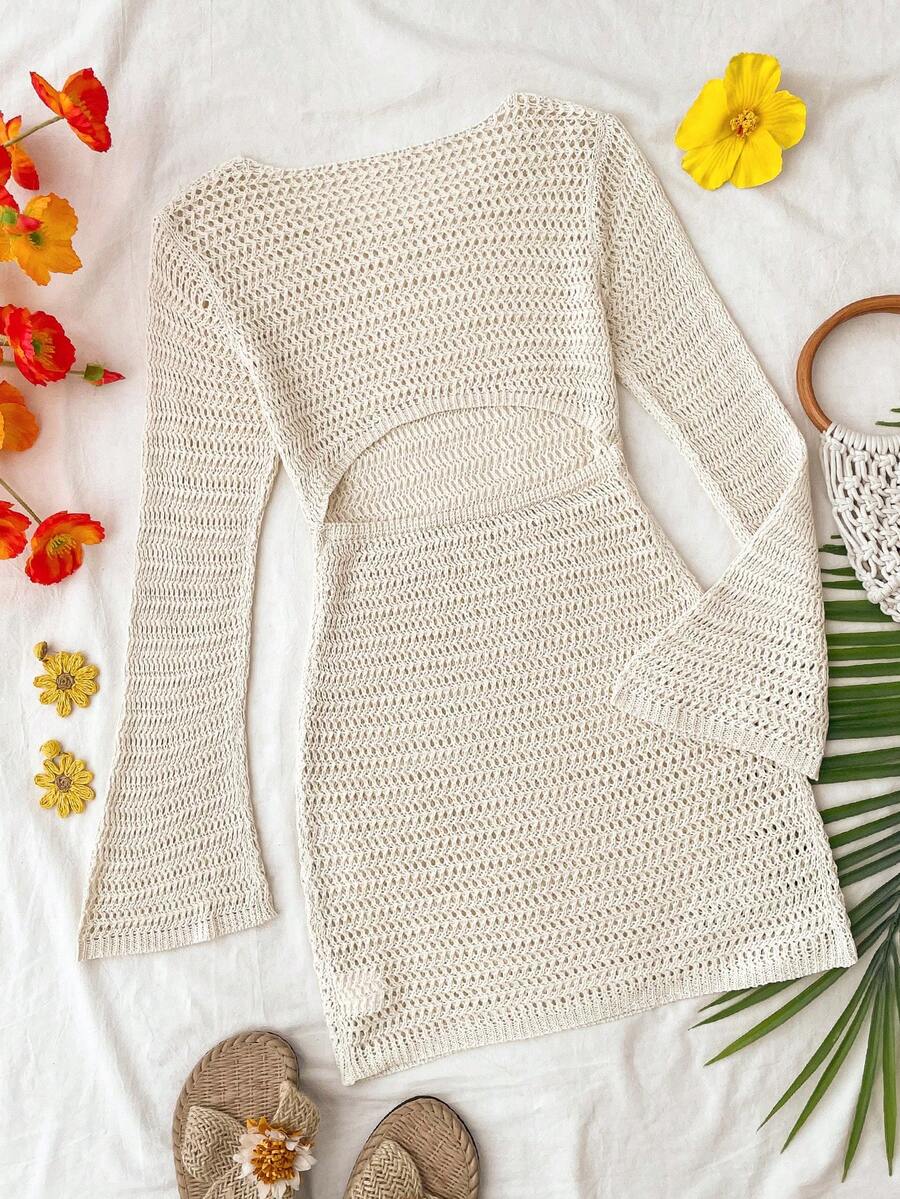 Apricot long sleeve hollow out beach cover up dress for tween girls