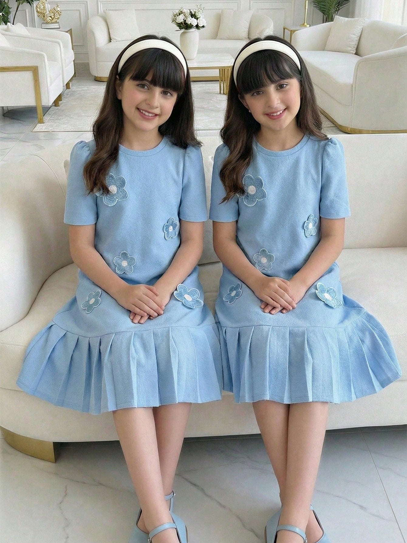 Tween girls apricot short-sleeve pleated smock dress with 3D bow decor and round neckline.