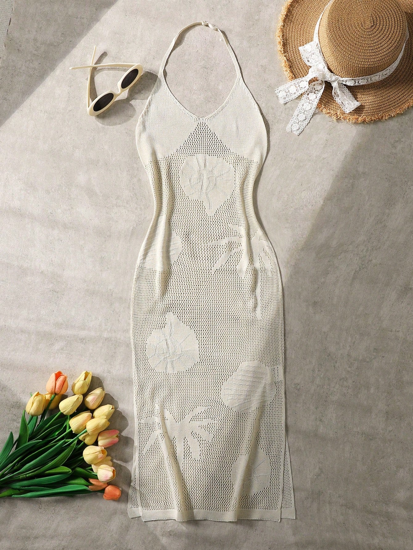 Apricot tween girls halter neck cover-up dress with sleeveless fitted design, long length, and zipper detail for vacation beachwear.