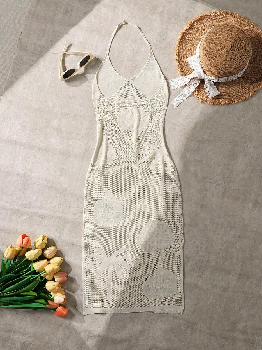 Apricot tween girls halter neck cover-up dress with sleeveless fitted design, long length, and zipper detail for vacation beachwear.