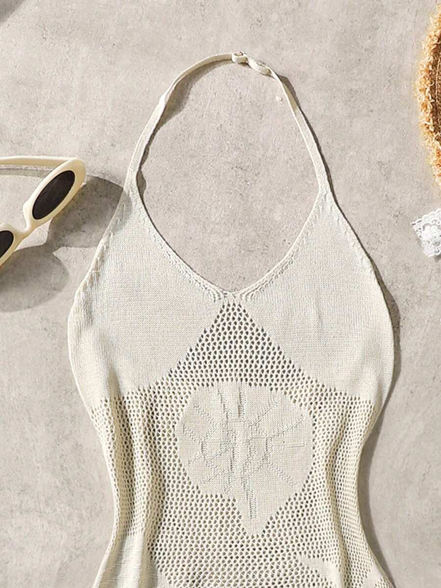Apricot tween girls halter neck cover-up dress with sleeveless fitted design, long length, and zipper detail for vacation beachwear.