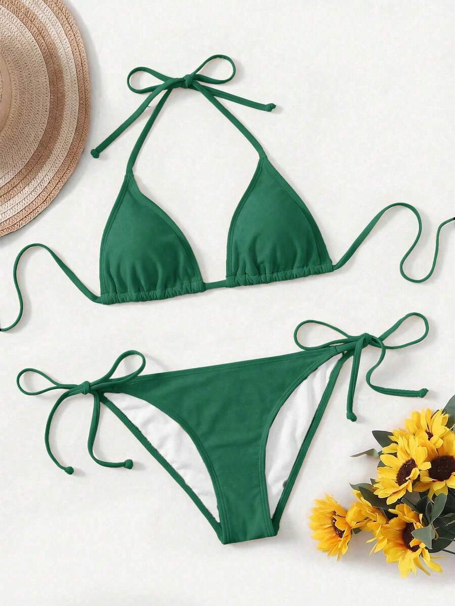 Women's high waist halter tie bikini swimwear set featuring triangle cups, wireless bra with removable padding, and tie side bottoms.