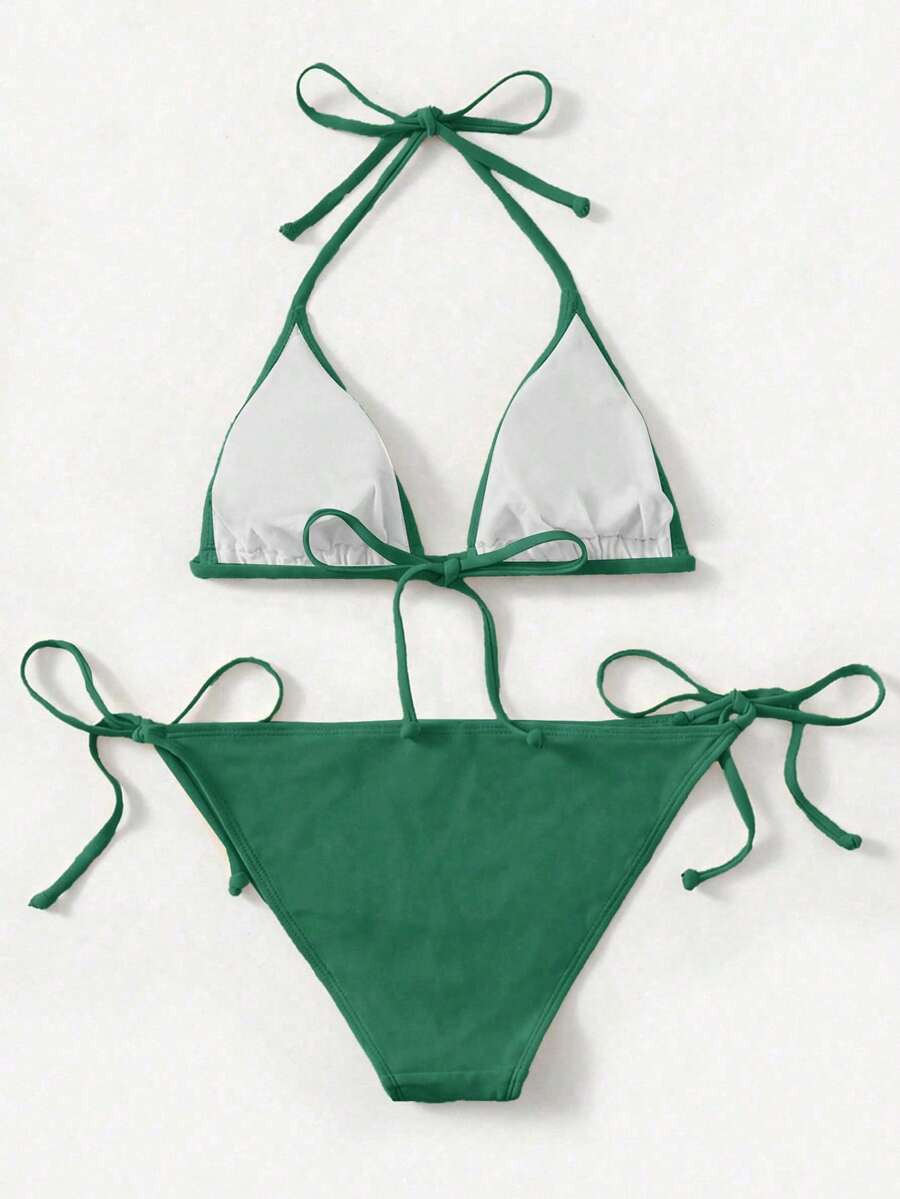 Women's high waist halter tie bikini swimwear set featuring triangle cups, wireless bra with removable padding, and tie side bottoms.