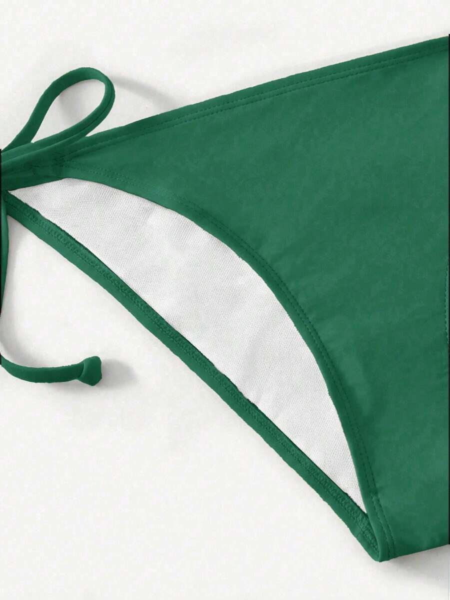 Women's high waist halter tie bikini swimwear set featuring triangle cups, wireless bra with removable padding, and tie side bottoms.