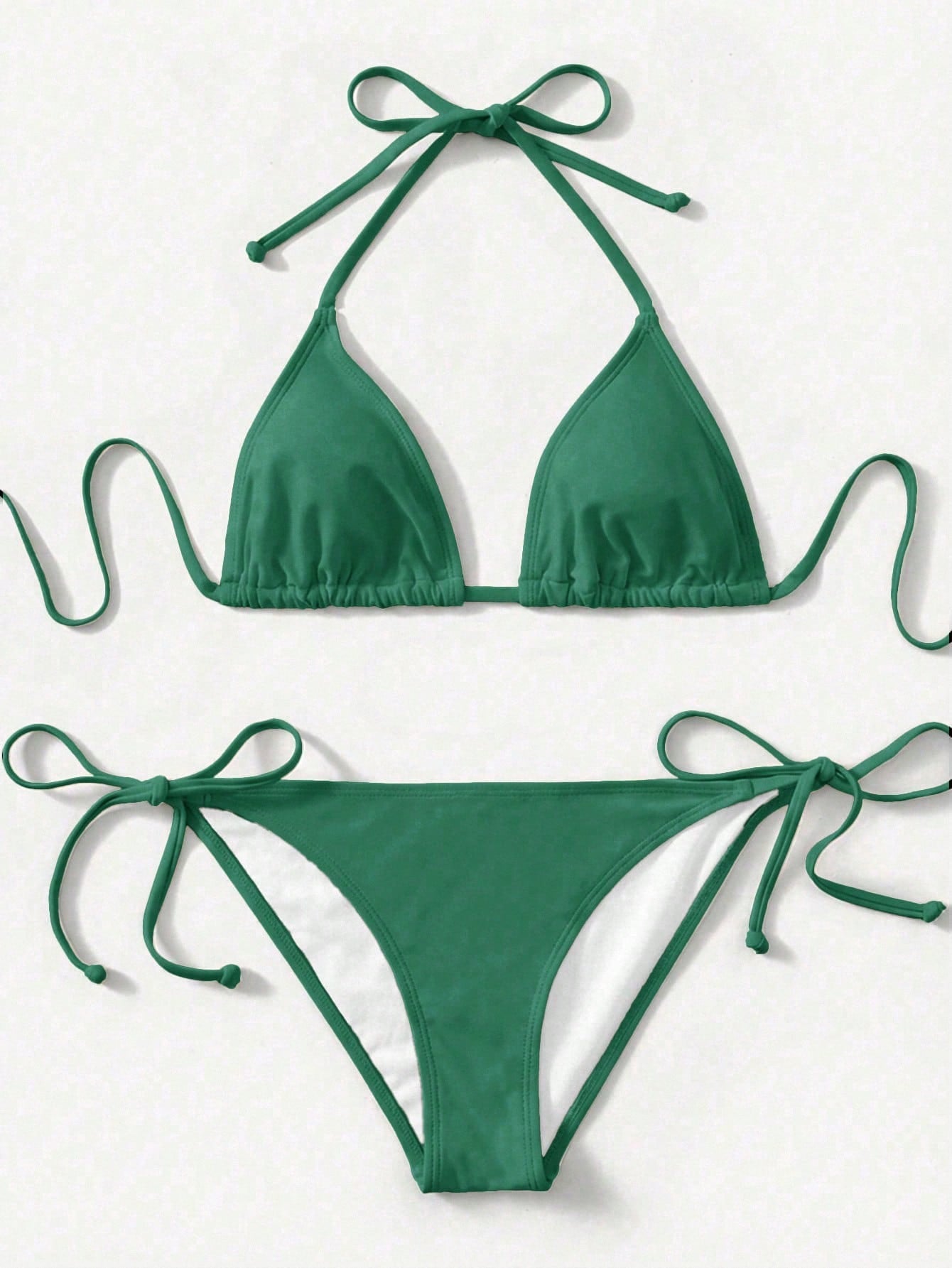 Women's high waist halter tie bikini swimwear set featuring triangle cups, wireless bra with removable padding, and tie side bottoms.