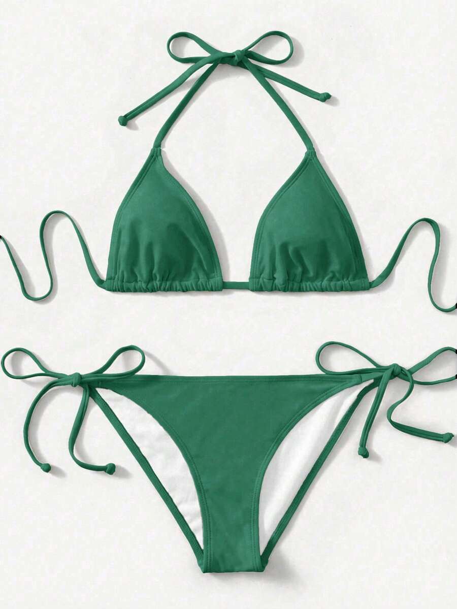 Women's high waist halter tie bikini swimwear set featuring triangle cups, wireless bra with removable padding, and tie side bottoms.