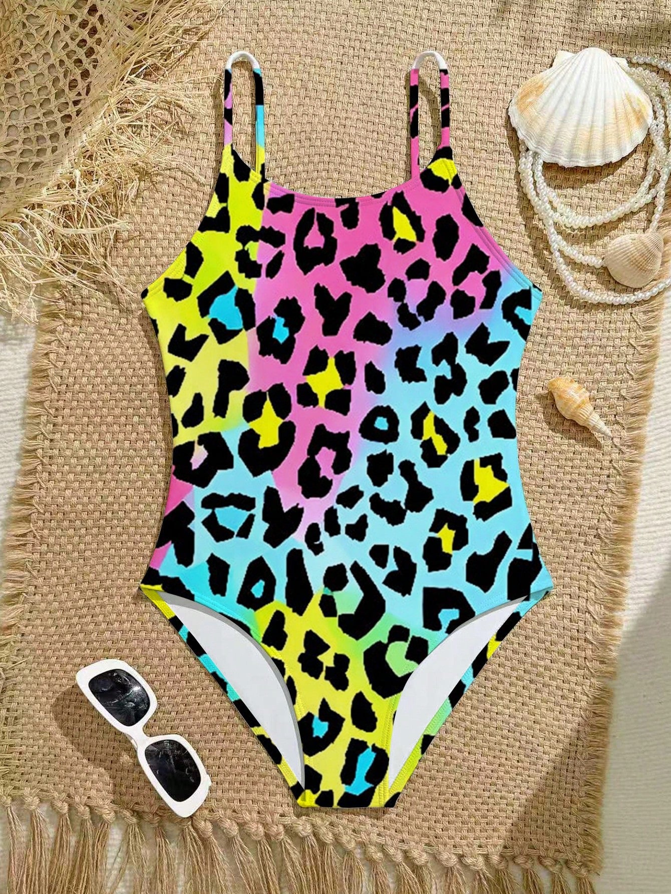 Tween girls one-piece swimsuit with a floral plant print, spaghetti straps, and a mid-waist fit in black.