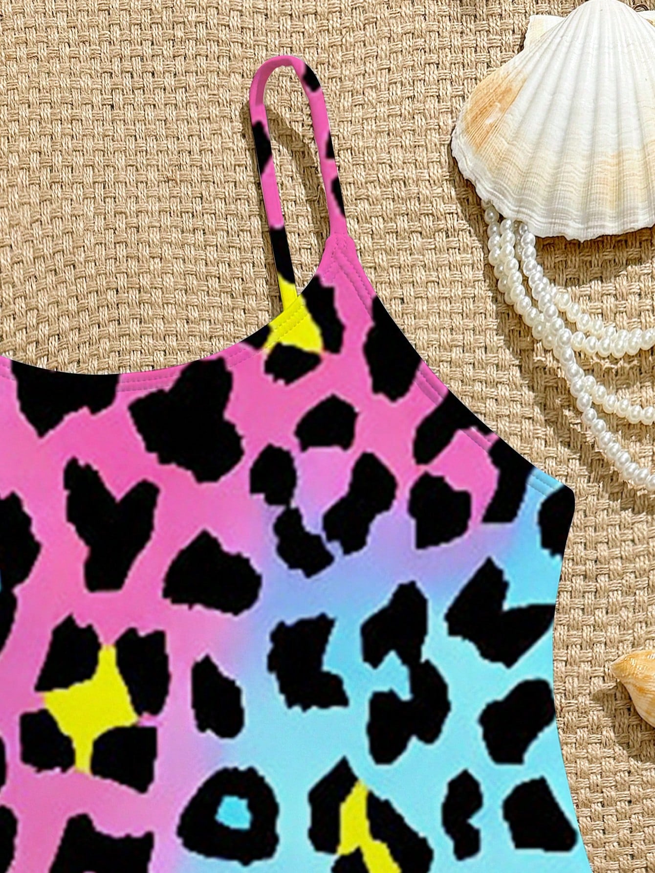 Tween girls one-piece swimsuit with a floral plant print, spaghetti straps, and a mid-waist fit in black.