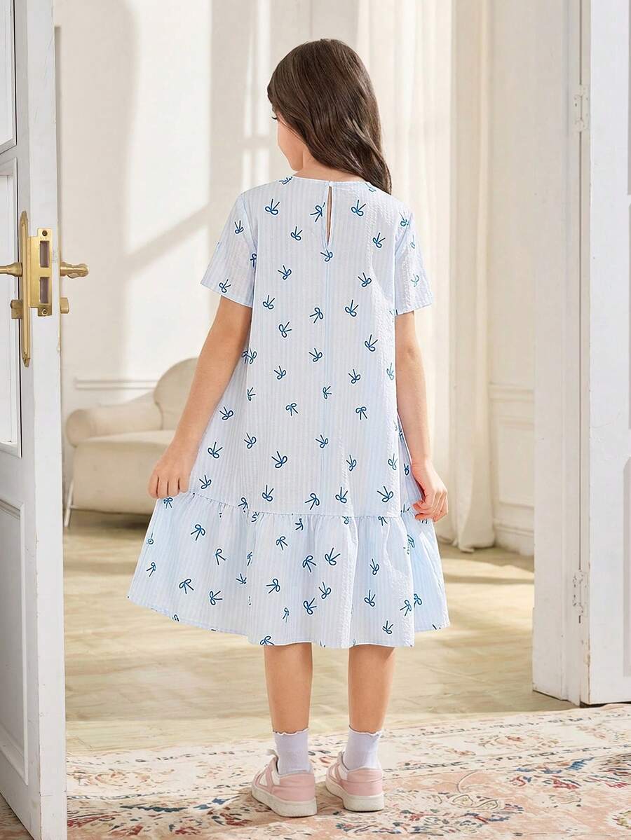 Tween girls casual black and white striped short sleeve smock dress with round neck and flounce hem