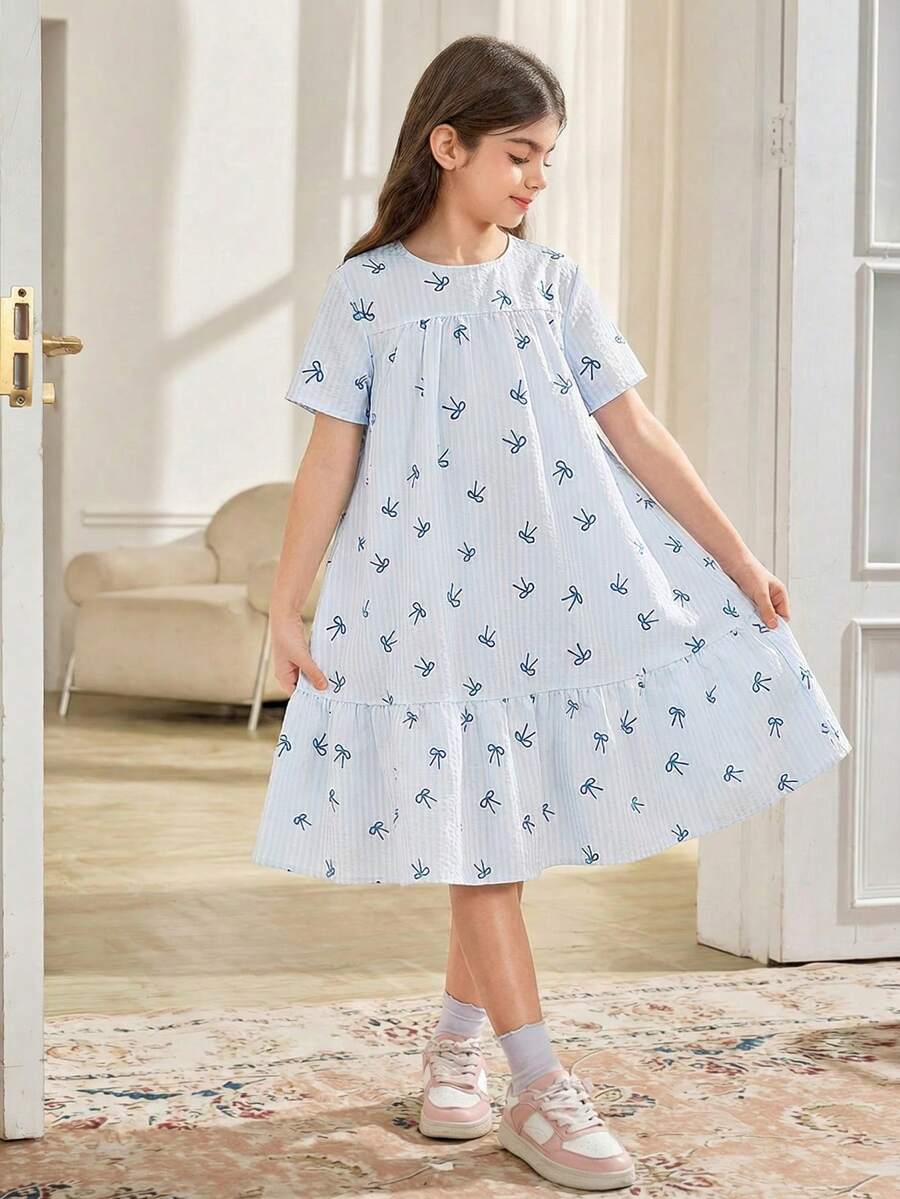 Tween girls casual black and white striped short sleeve smock dress with round neck and flounce hem