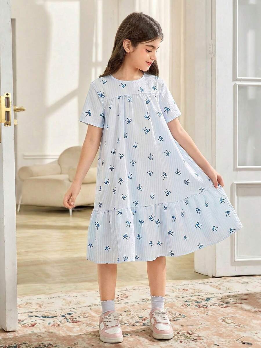 Tween girls casual black and white striped short sleeve smock dress with round neck and flounce hem