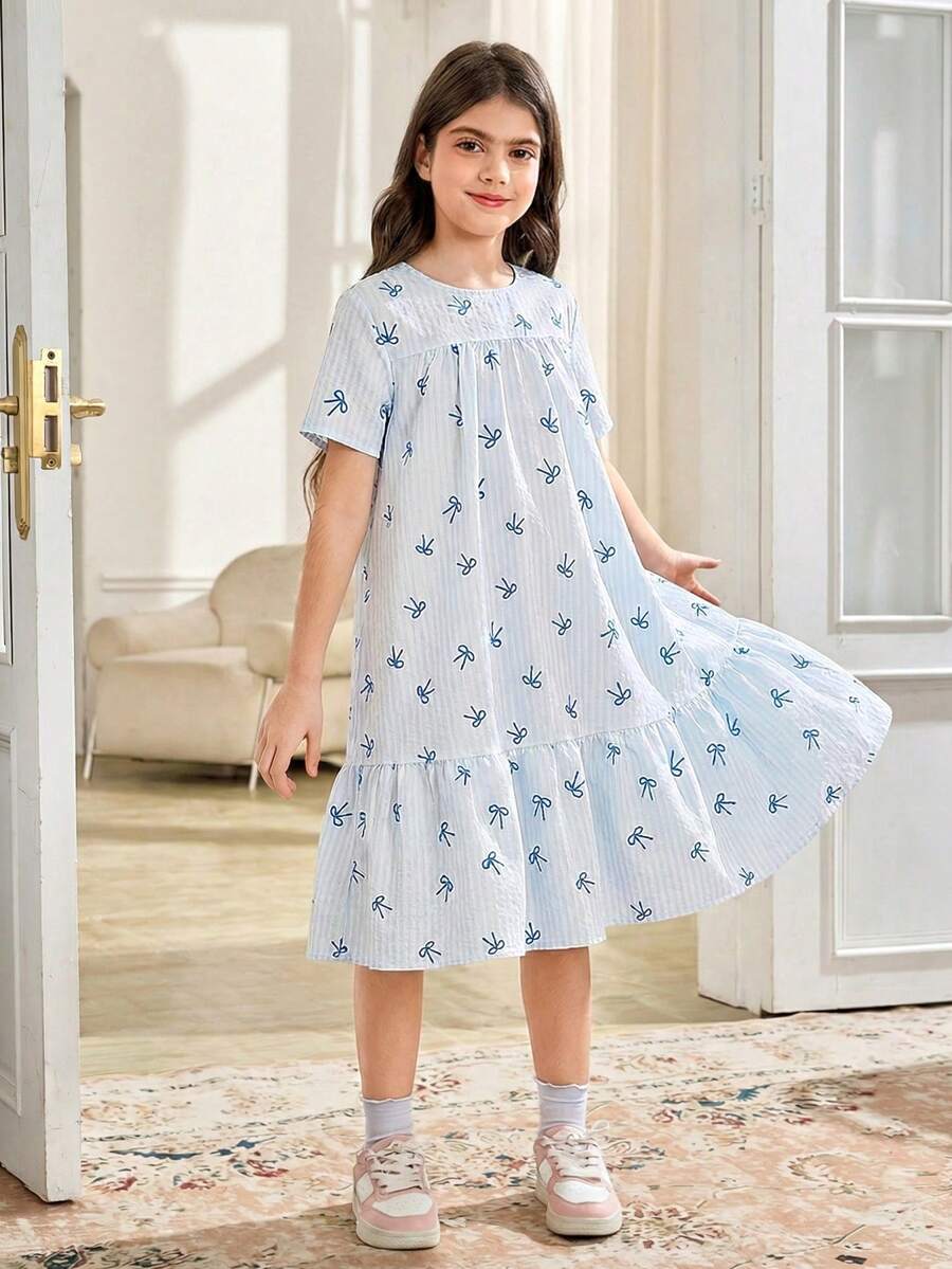 Tween girls casual black and white striped short sleeve smock dress with round neck and flounce hem