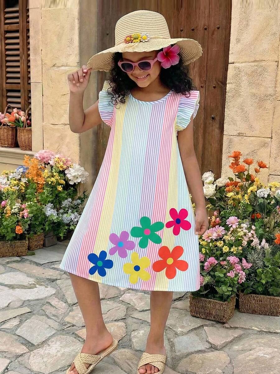Tween girls sleeveless tropical floral mini dress in black with round neck and ruffle hem detail