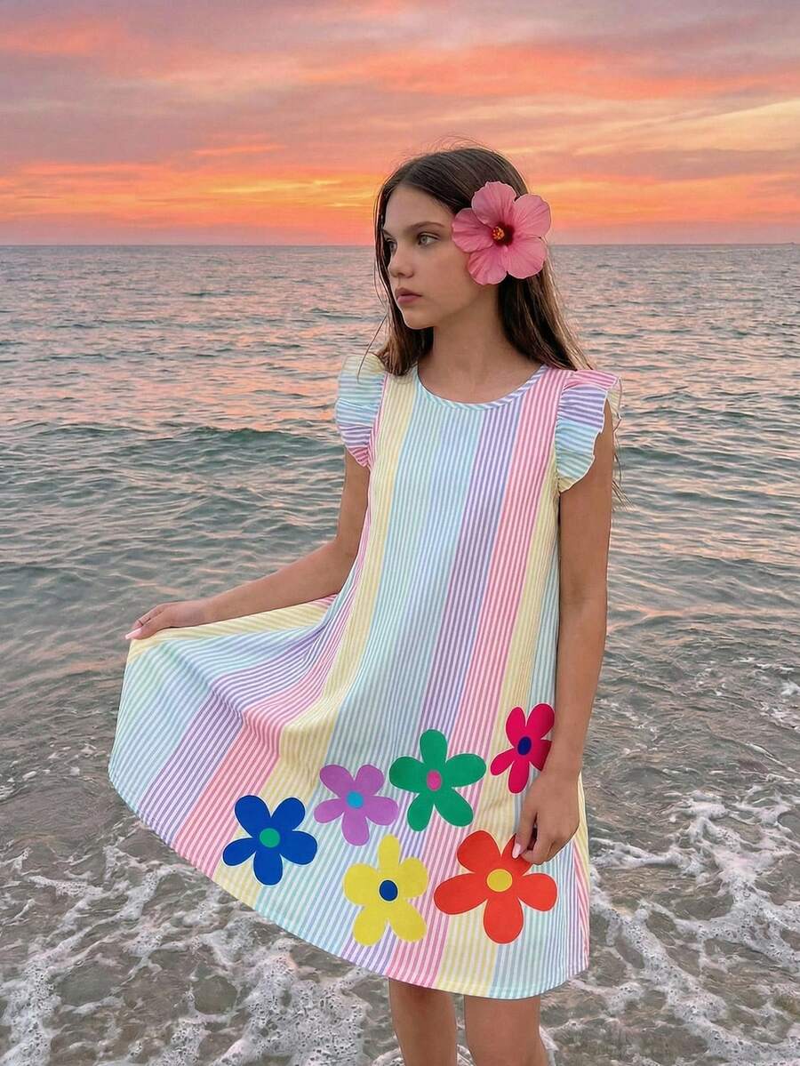 Tween girls sleeveless tropical floral mini dress in black with round neck and ruffle hem detail