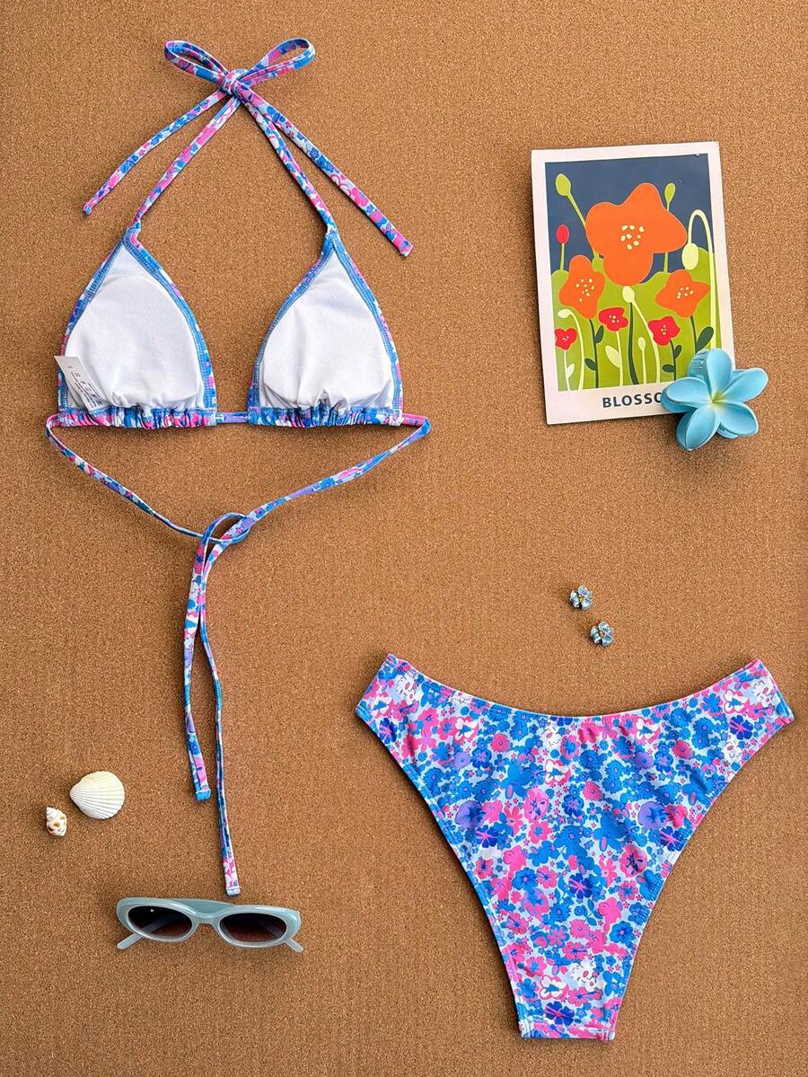 Women's apricot 2-piece halter bikini set featuring a wireless triangle top with tie-back detail and high-waisted high-cut bottoms.