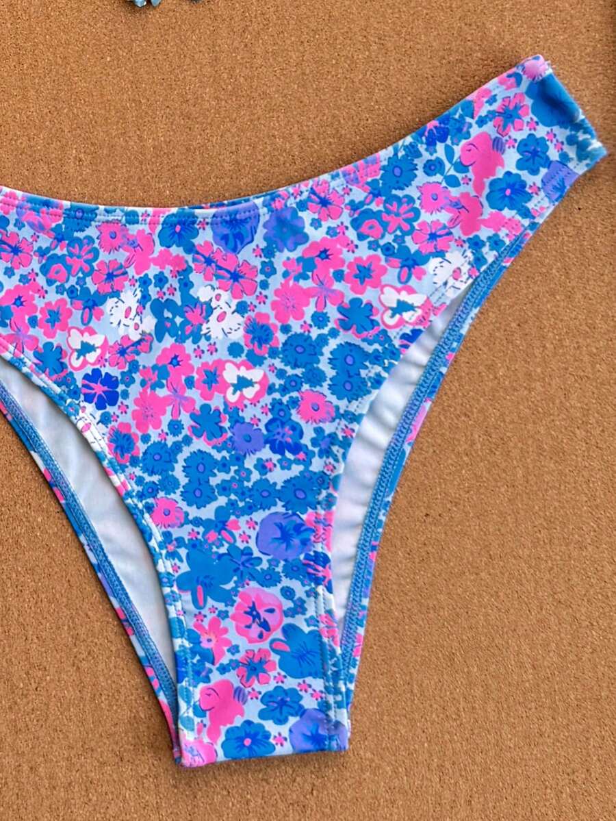 Women's apricot 2-piece halter bikini set featuring a wireless triangle top with tie-back detail and high-waisted high-cut bottoms.