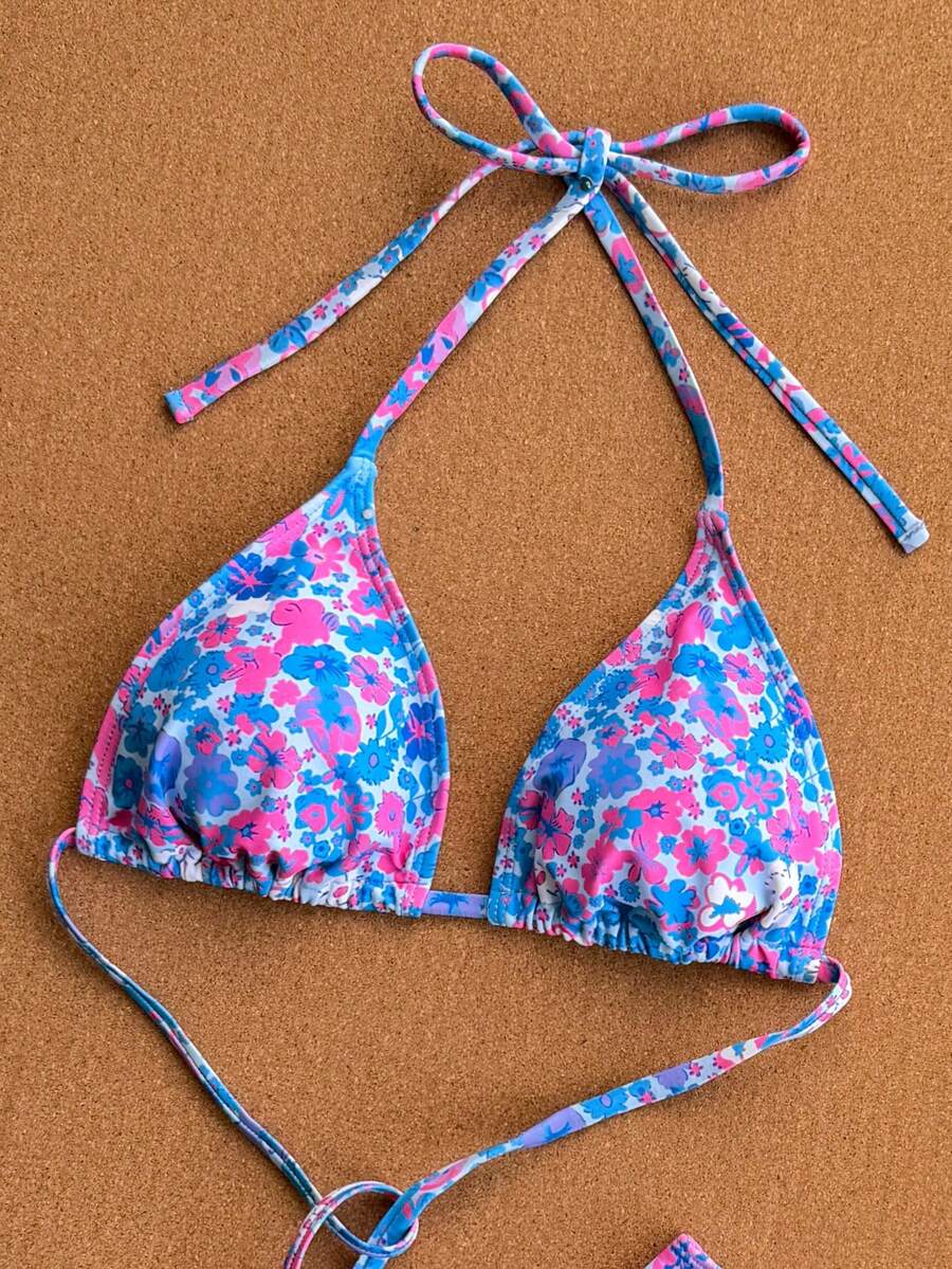 Women's apricot 2-piece halter bikini set featuring a wireless triangle top with tie-back detail and high-waisted high-cut bottoms.