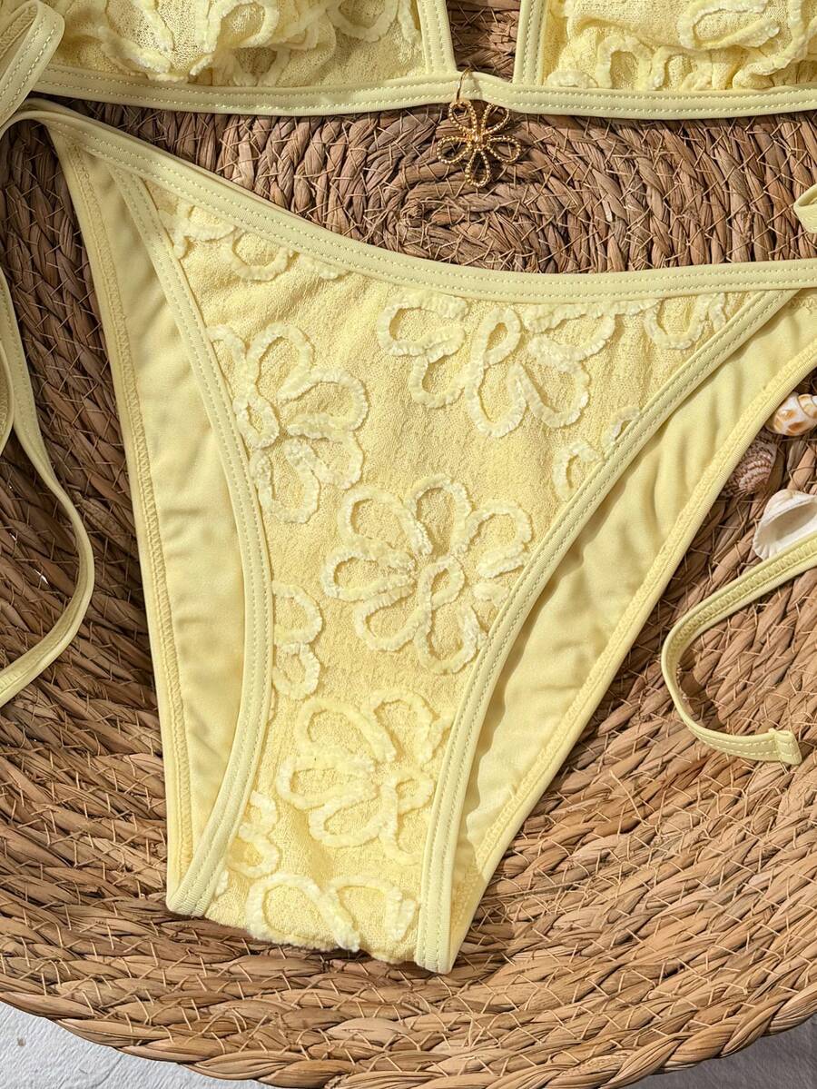 Women's apricot solid halter tie bikini top with triangle cups and matching tie-side swimsuit bottoms.