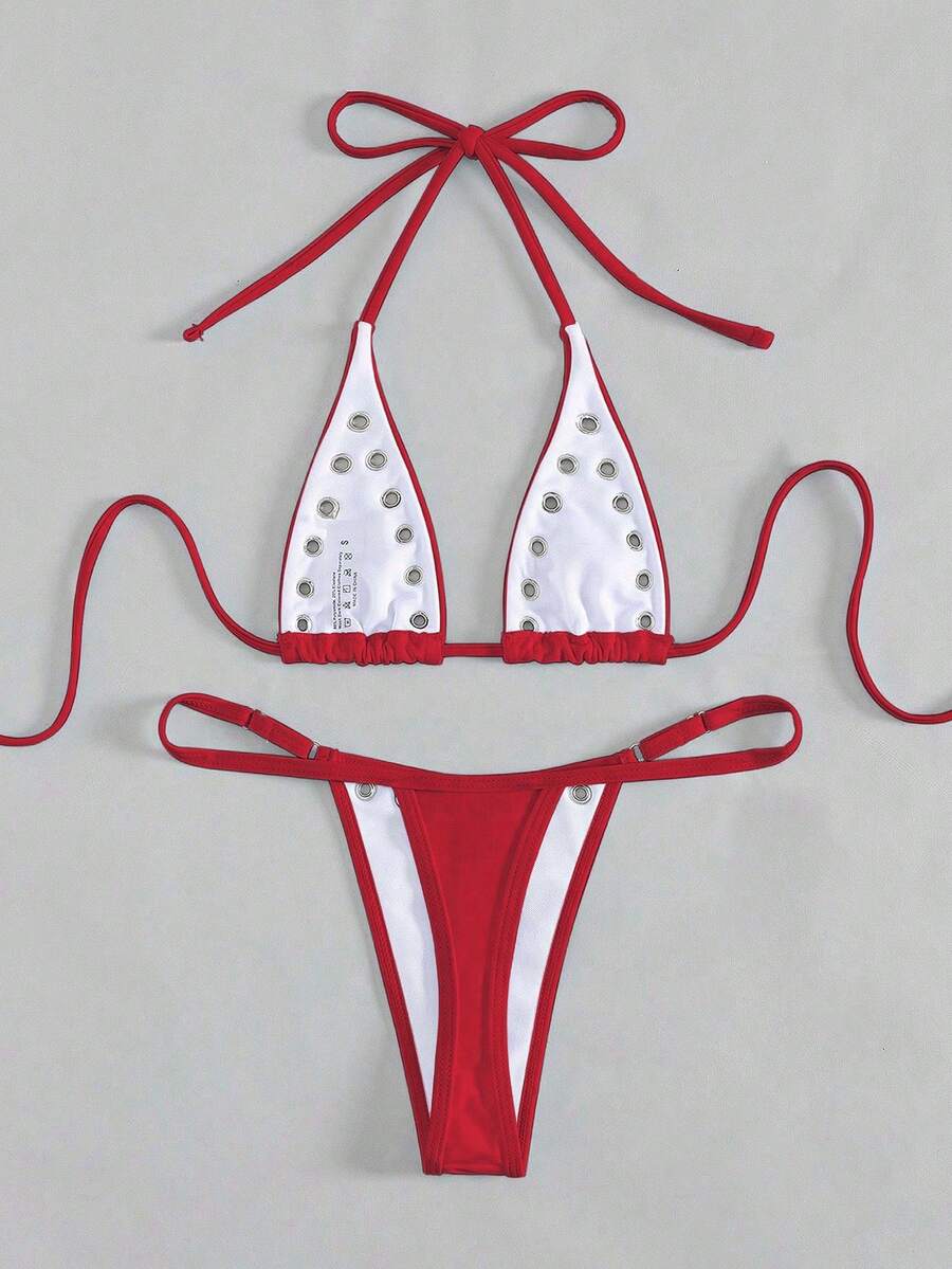 Women's plain halter bikini set with a wireless micro bra tie-back top and high waist thong bottom.