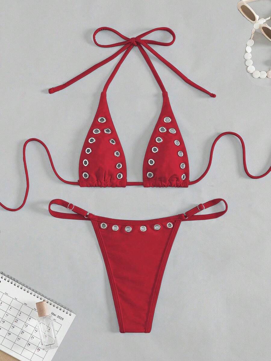Women's plain halter bikini set with a wireless micro bra tie-back top and high waist thong bottom.