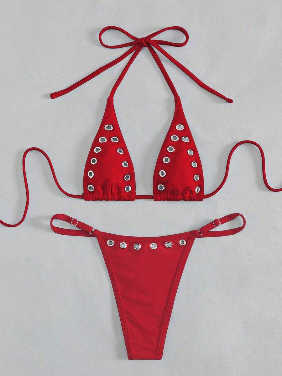 Women's plain halter bikini set with a wireless micro bra tie-back top and high waist thong bottom.