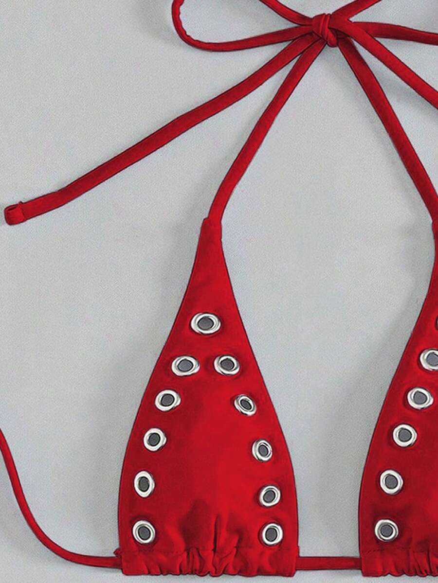 Women's plain halter bikini set with a wireless micro bra tie-back top and high waist thong bottom.