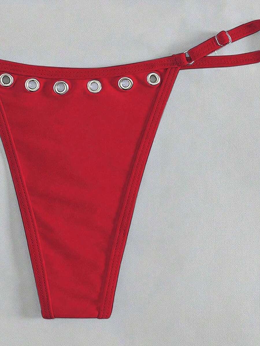 Women's plain halter bikini set with a wireless micro bra tie-back top and high waist thong bottom.