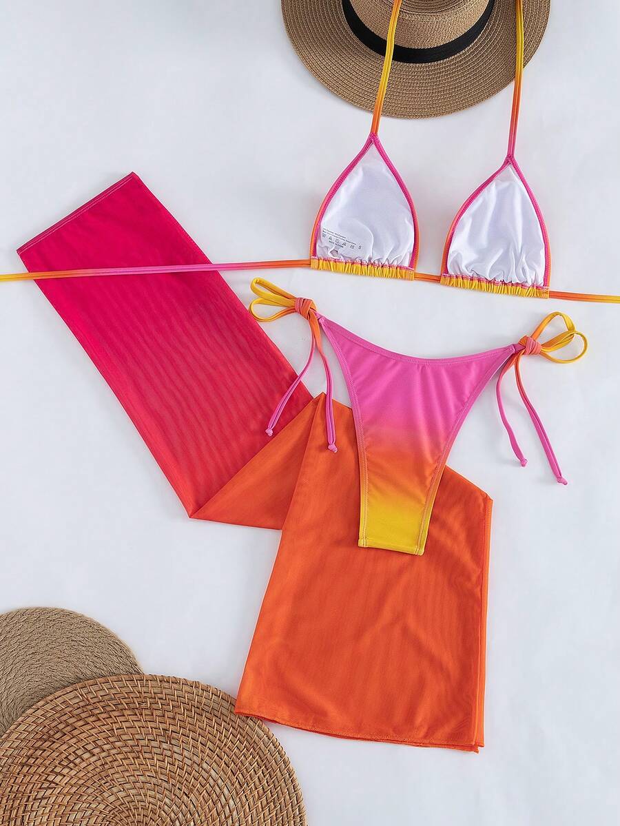 Women's 3-piece gradient bikini set featuring a green halter tie top with removable padding, low waist bottoms, and a matching sheer mesh skirt.