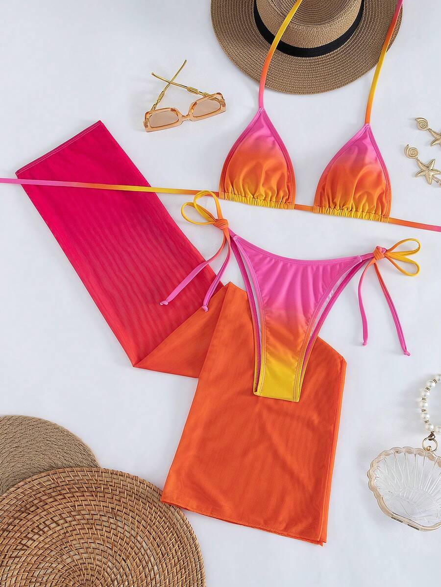 Women's 3-piece gradient bikini set featuring a green halter tie top with removable padding, low waist bottoms, and a matching sheer mesh skirt.