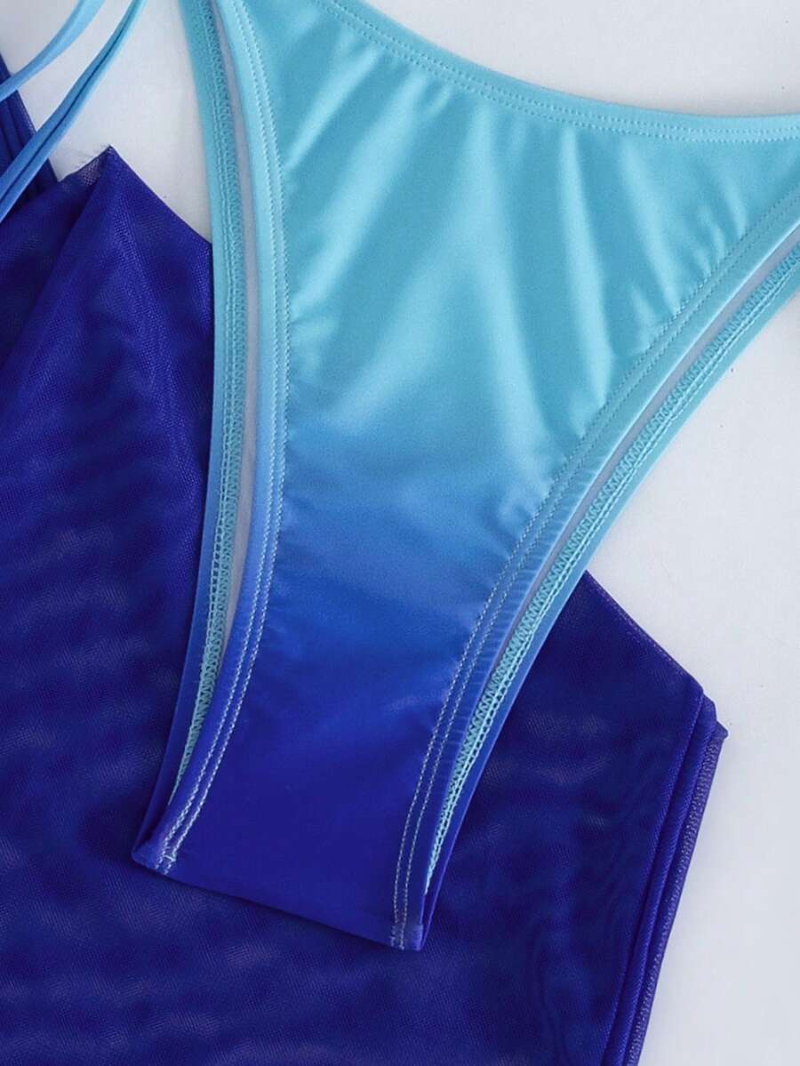 Women's 3-piece gradient bikini set featuring a green halter tie top with removable padding, low waist bottoms, and a matching sheer mesh skirt.