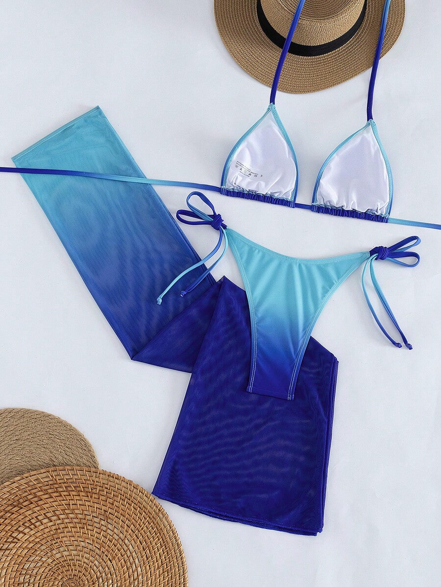 Women's 3-piece gradient bikini set featuring a green halter tie top with removable padding, low waist bottoms, and a matching sheer mesh skirt.