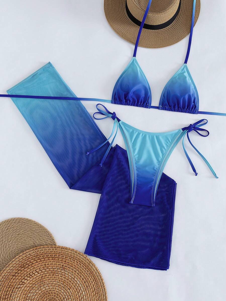 Women's 3-piece gradient bikini set featuring a green halter tie top with removable padding, low waist bottoms, and a matching sheer mesh skirt.
