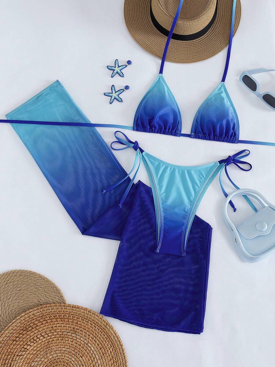 Women's 3-piece gradient bikini set featuring a green halter tie top with removable padding, low waist bottoms, and a matching sheer mesh skirt.