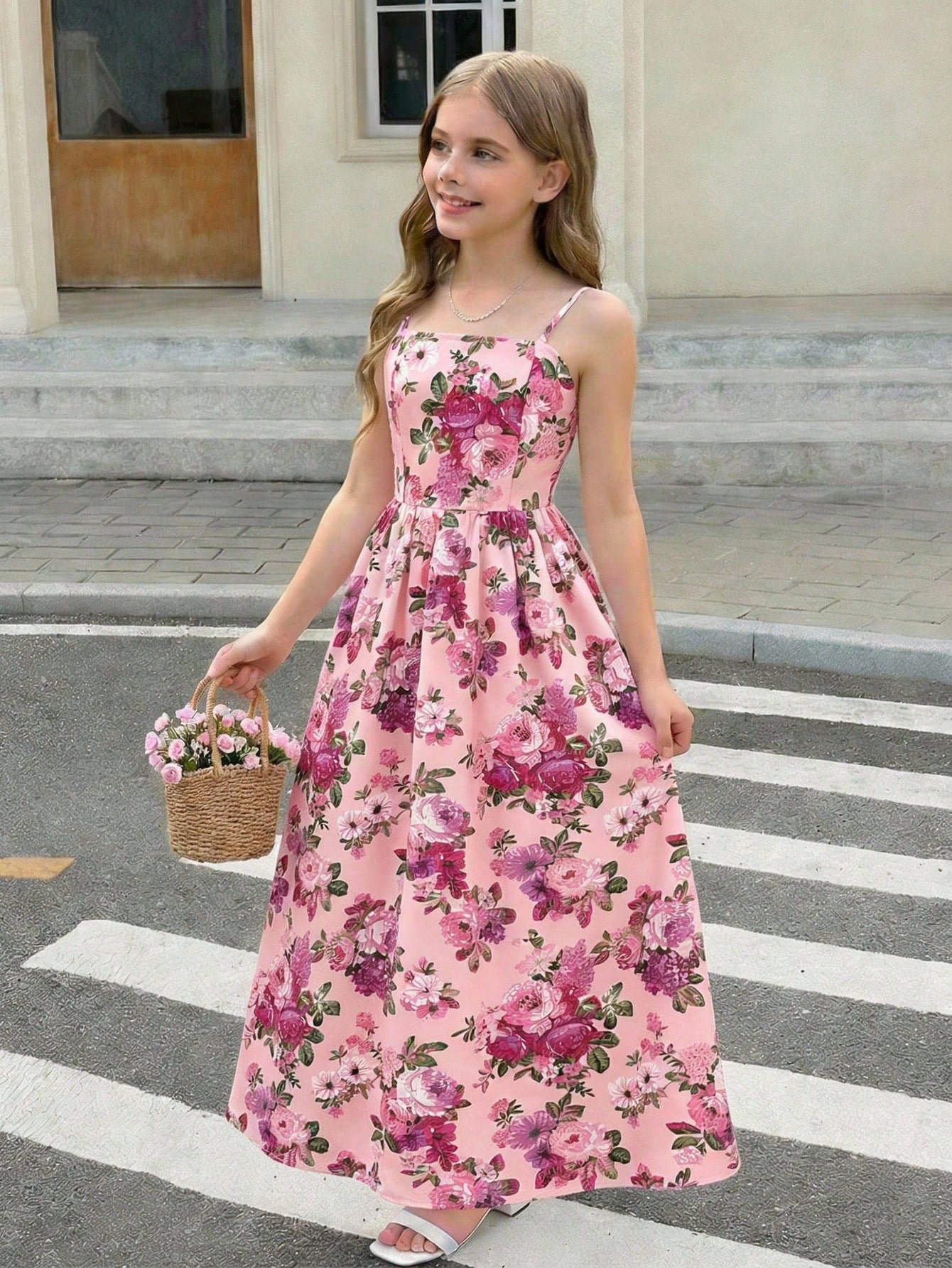 Tween girls apricot polka dot long cami dress with shoulder straps, high waist, and flared A-line skirt.