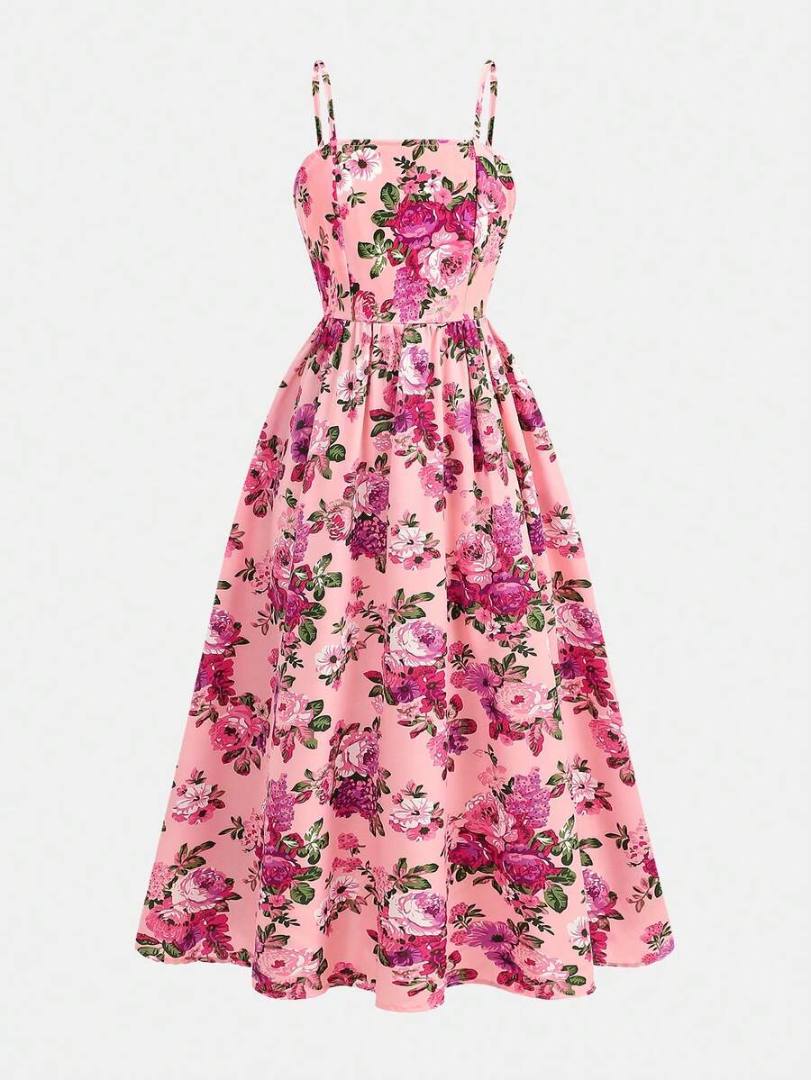 Tween girls apricot polka dot long cami dress with shoulder straps, high waist, and flared A-line skirt.