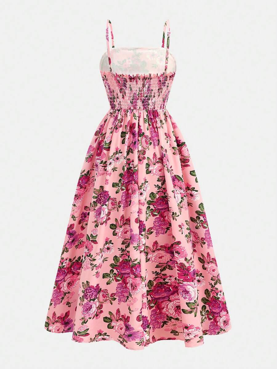 Tween girls apricot polka dot long cami dress with shoulder straps, high waist, and flared A-line skirt.