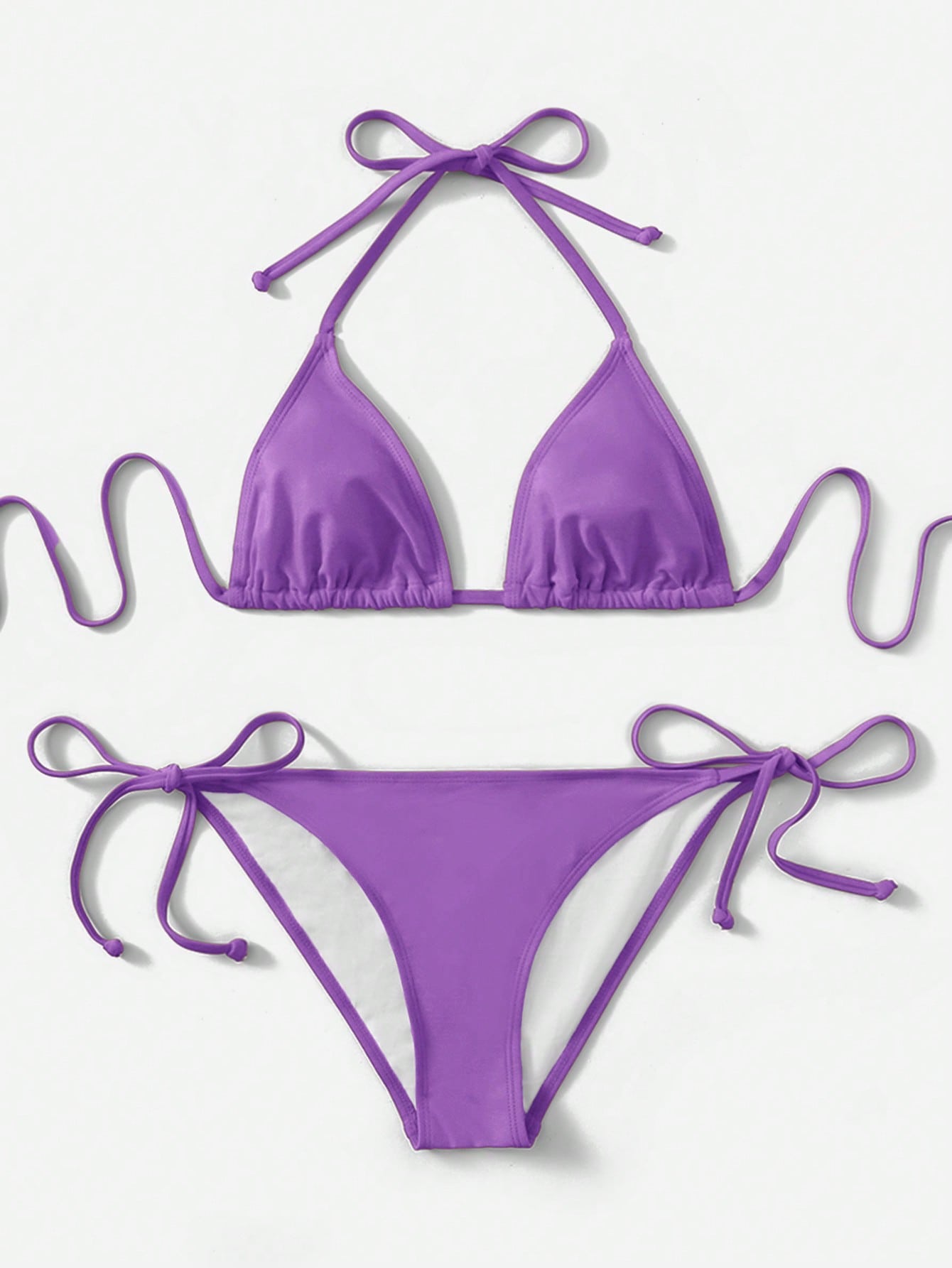 Women's high waist halter tie bikini swimwear set featuring triangle cups, wireless bra with removable padding, and tie side bottoms.