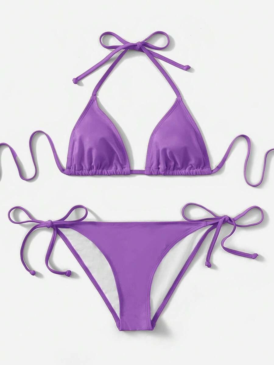 Women's high waist halter tie bikini swimwear set featuring triangle cups, wireless bra with removable padding, and tie side bottoms.