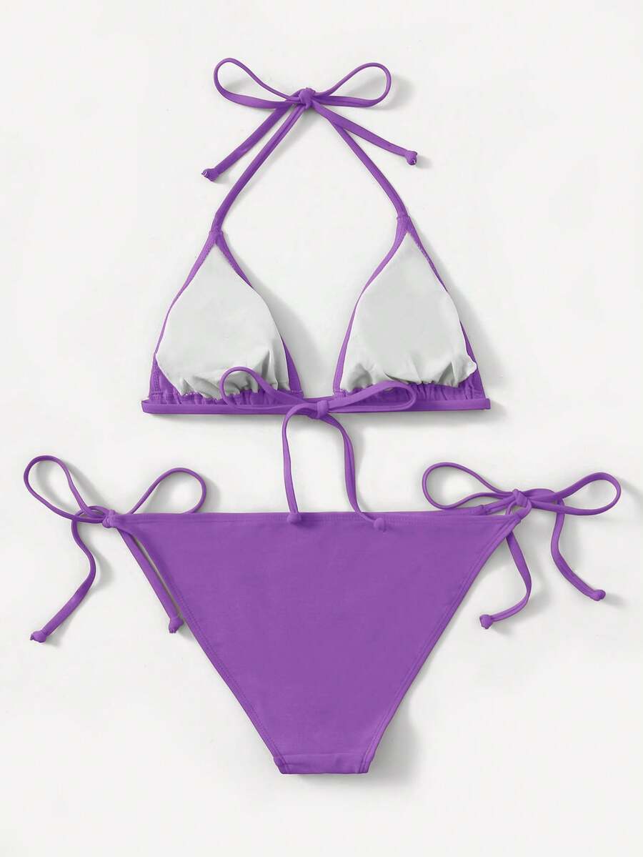Women's high waist halter tie bikini swimwear set featuring triangle cups, wireless bra with removable padding, and tie side bottoms.