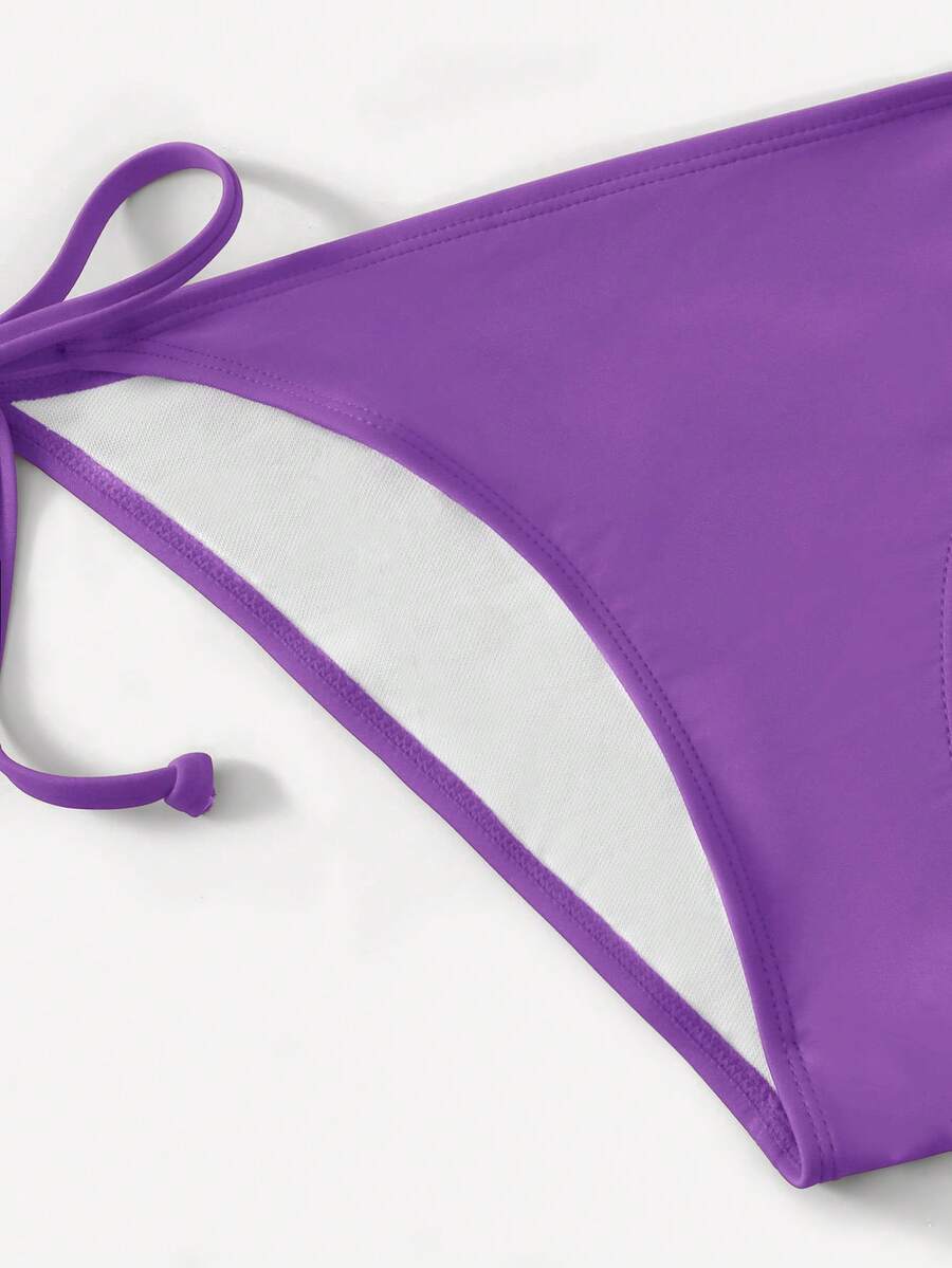 Women's high waist halter tie bikini swimwear set featuring triangle cups, wireless bra with removable padding, and tie side bottoms.